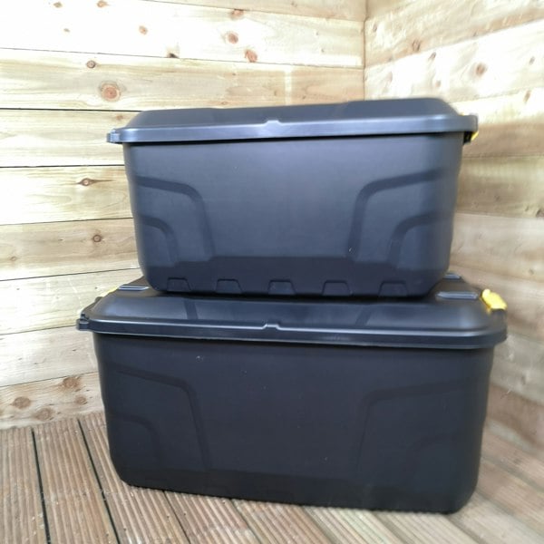 Samuel Alexander 1 x 145L AND 1 x 75L Heavy Duty Trunks on Wheels Sturdy, Lockable, Stackable and Nestable Design Storage Chest with Clips in Black