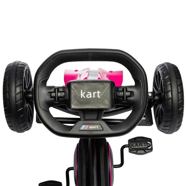 Pink and black kids pedal go-kart with steering wheel and brake pedal control box