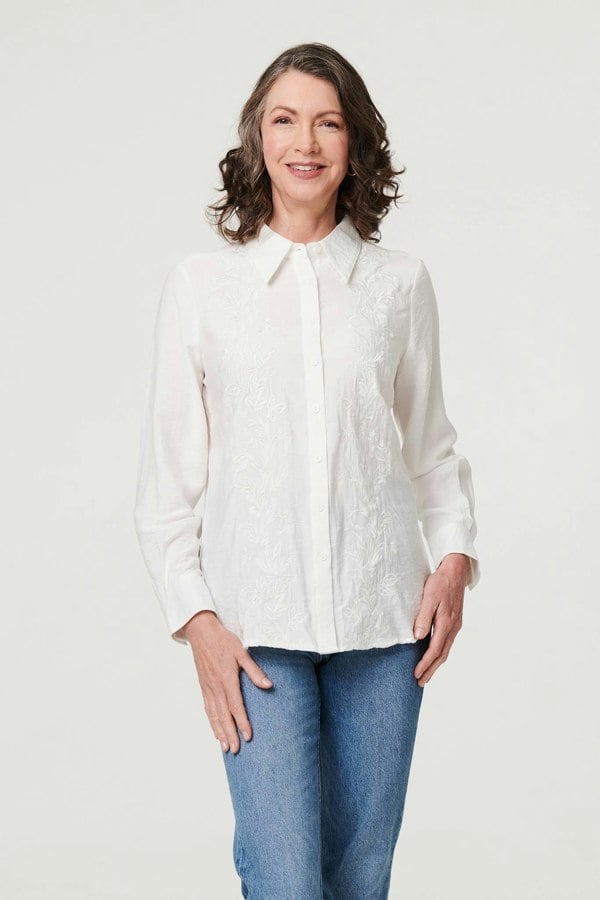 White | Floral Embroidered Long Sleeve Shirt
