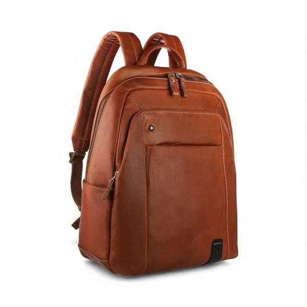 Tan leather backpack on a white background