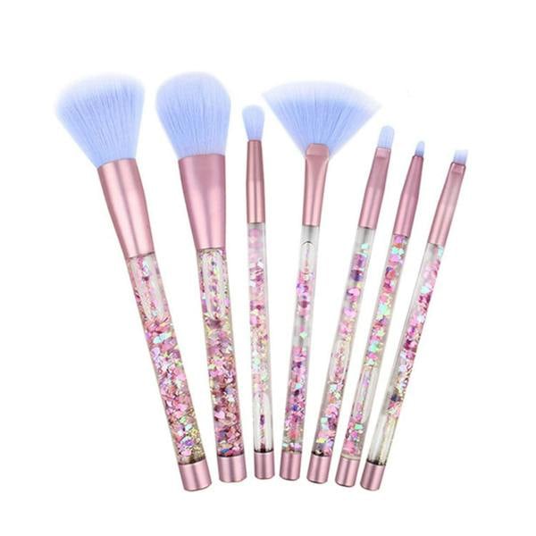 Aquarius Makeup Brush Set 7 Piece Pink Purple Liquid Glitter Handle Beauty Kit