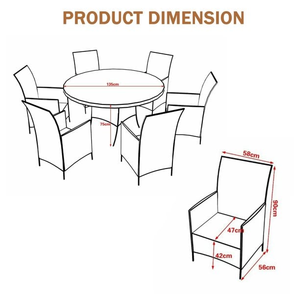 Furniture One 7 PCS Aluminium Rattan Garden Furniture 4 Seat Set, 135CM Round Tempered Glass Dining Table + 6 Chairs Set Full Assembly