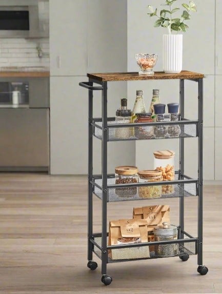 Slim 4-shelf rustic rolling trolley with castors and mesh shelves for small kitchen or bathroom spaces


