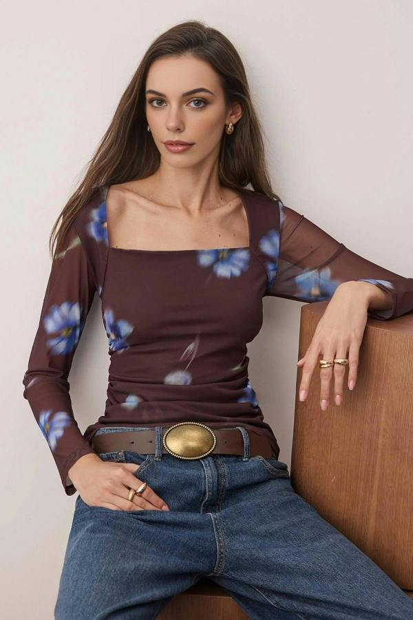 WOVCOR Printed Drape Detail Fitted Long Sleeve Knitted Blouse