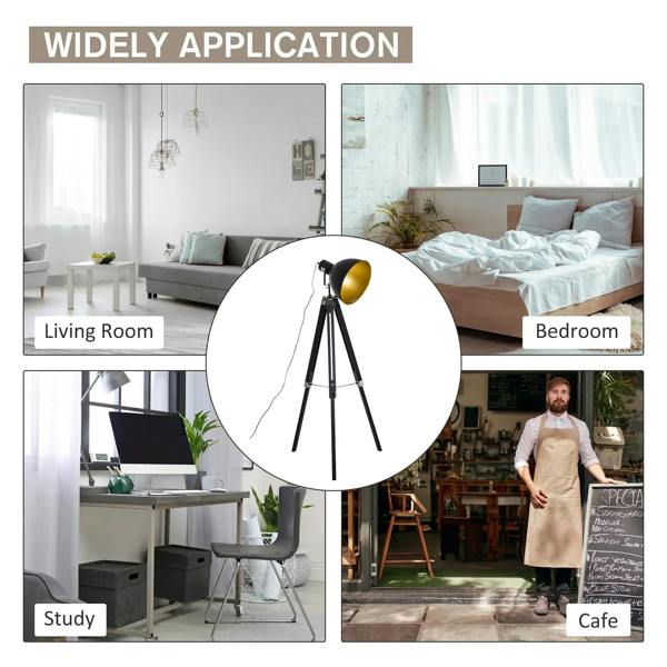 Tripod floor lamp with black stand and gold spotlight shade, full view