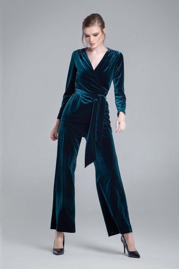 Rumour London Evelyn velvet wrap jacket with a self-tie sash in emerald green