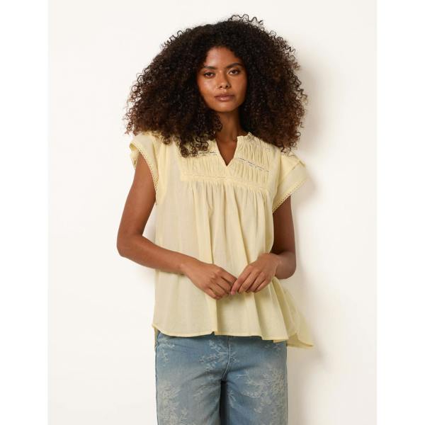 Blue Vanilla Cotton Embroidery Detail Ruffle Sleeve Top