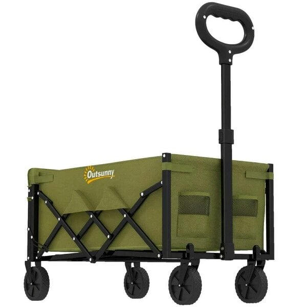 Bobobiy 60L Foldable Festival Trolley on Wheels, Collapsible Wagon Cart with Drop-Down Tailgate, Adjustable Handle, Green