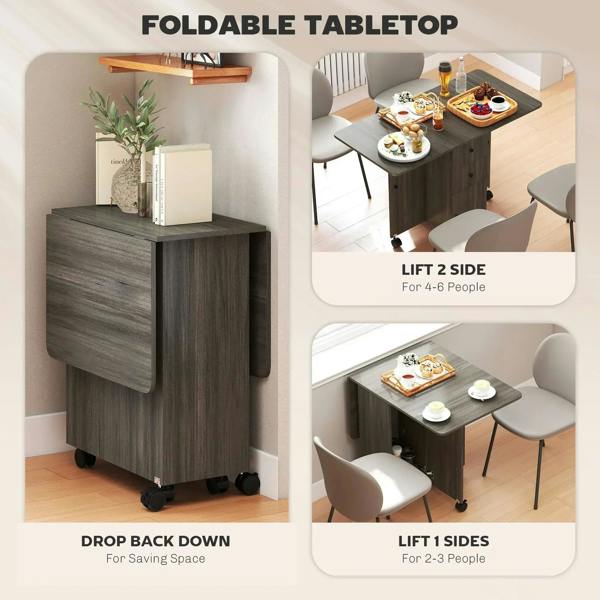 Grey drop-leaf dining table with foldable tabletop and storage cabinet on casters