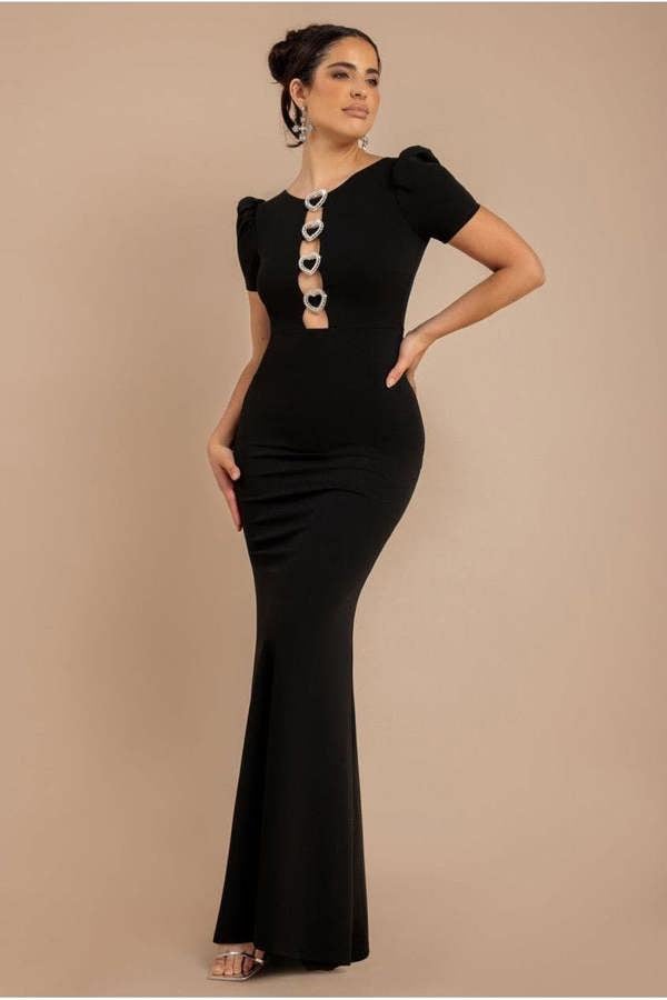 Diamante Embellished Heart Brooch Scuba Maxi Dress - Black DR4458