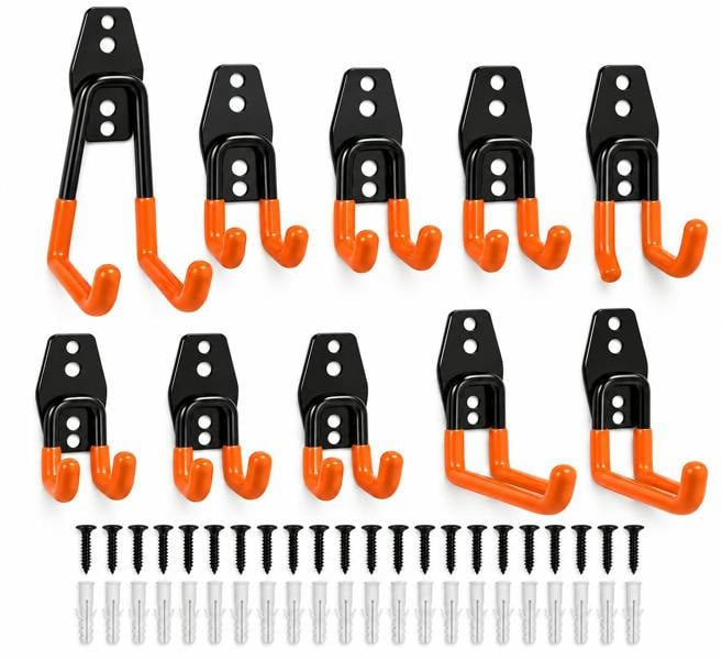 ATEK 10 Pack Heavy Duty Garage Wall Storage Hooks Steel Double Utility Hooks Orange Black
