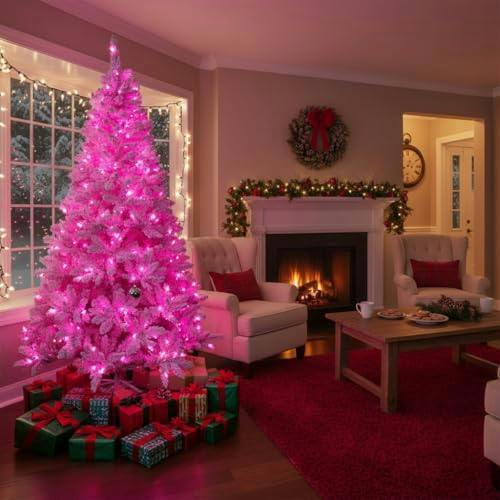 4ft to 8ft Pre-Lit Pink Flocked Christmas Tree with Snowy Finish and Built-In LED Lights image 3