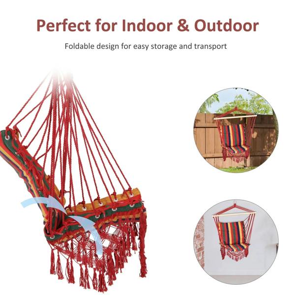 Multicolor striped hammock chair swing with red ropes and fringed seat hanging from bar