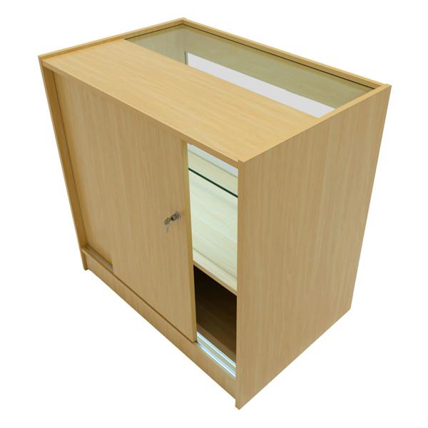 Phoenix LED Shop Counter Set in maple finish, featuring a sleek design with glass display top and secure sliding door for storage