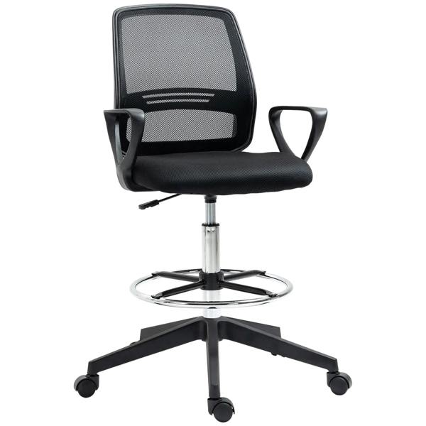 Black ergonomic drafting chair with mesh back, padded seat, foot ring, and swivel base