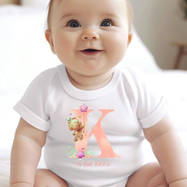 Personalised Pink Initial Teddy Baby Grow, Vest or Bib with Name