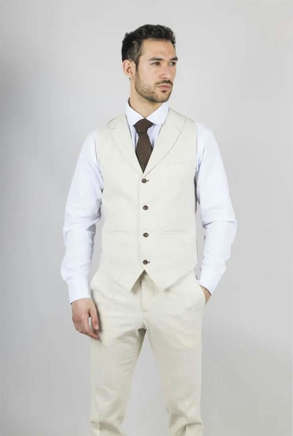 Infinity Leather Men's Beige 3 Piece Linen Formal Summer Wedding Suit