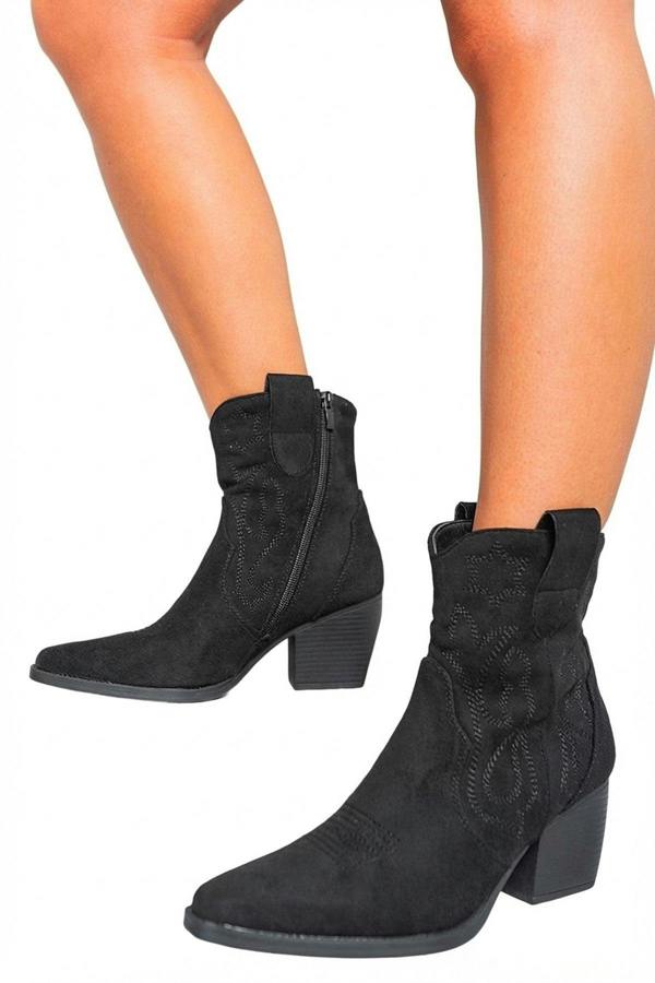 Laura Suede Cowboy Ankle Length Boots - Black_wb