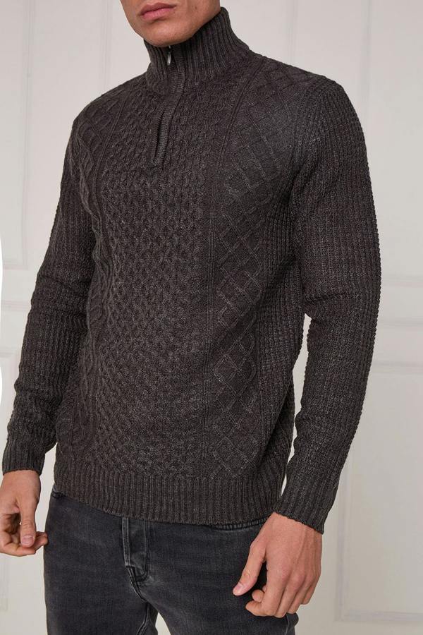 Men’s Half Zip Cable Knit Textured Jumper