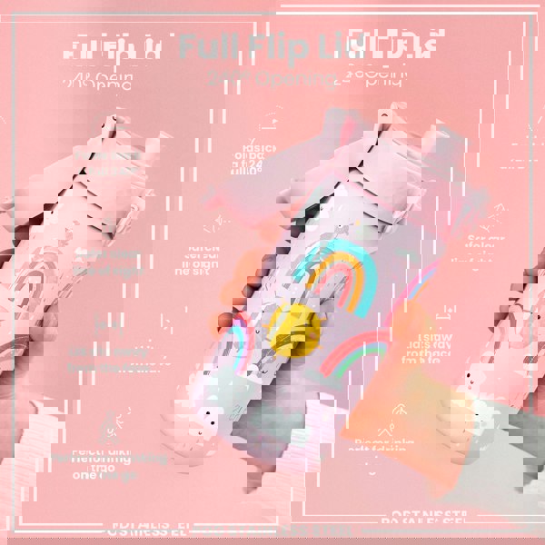 A pink stainless steel water bottle, featuring a rainbow design, is being held. Its full flip lid allows a 240° opening. The bottle is showcased against a pink background.
