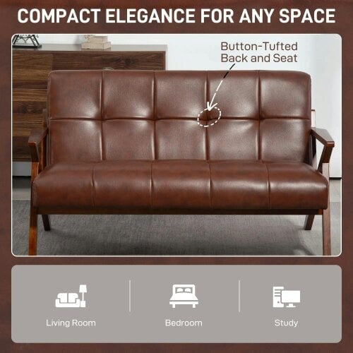 Bobobiy Compact 2 Seater Sofa, Vintage Tufted Loveseat Sofa with Solid Wood Legs, PU Leather Small Couch Settee, 133 x 81 x 78.5 cm, Brown