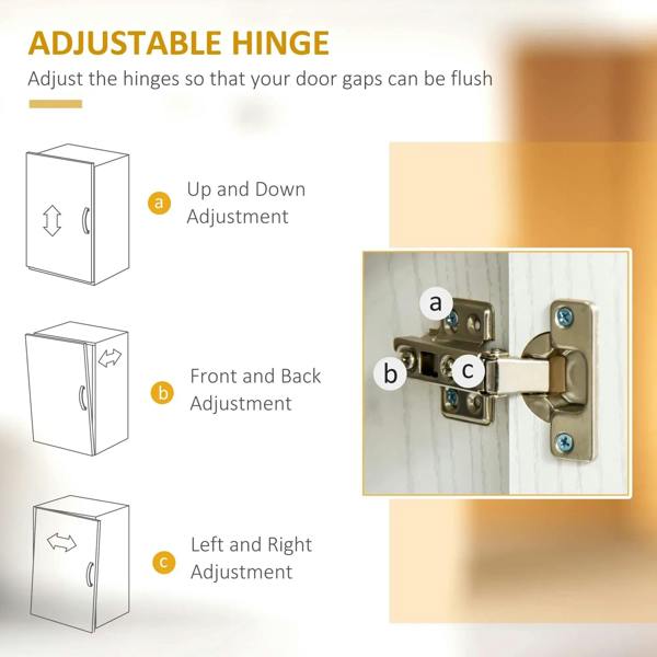 Adjustable door hinge hardware for a white storage cabinet, with alignment adjustment