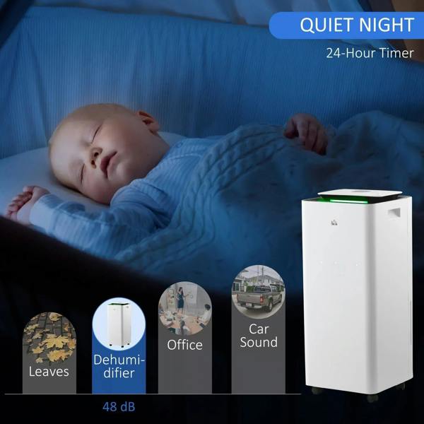 White portable dehumidifier with air purifier on bedroom floor, black top vent