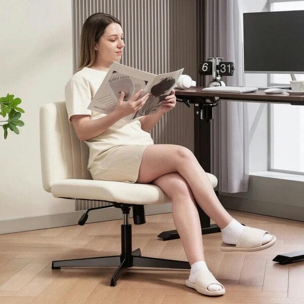Bobobiy Armless Office Chair No Wheels, Linen Fabric Criss Cross Legged Desk Chair with Wide Seat, Height Adjustable Swivel Computer Seat, Cream