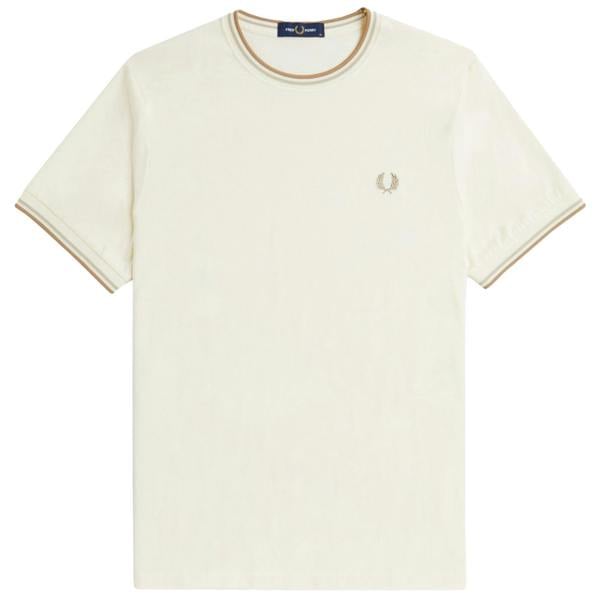 Front view of Fred Perry Twin Tipped T-Shirt for Men in Ecru/Oat/Warm Stone