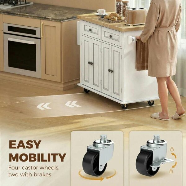 Kitchen Island on Wheels, Rolling Kitchen Storage Trolley with Rubber Wood Top, Drawers, Adjustable Shelves, Cream White