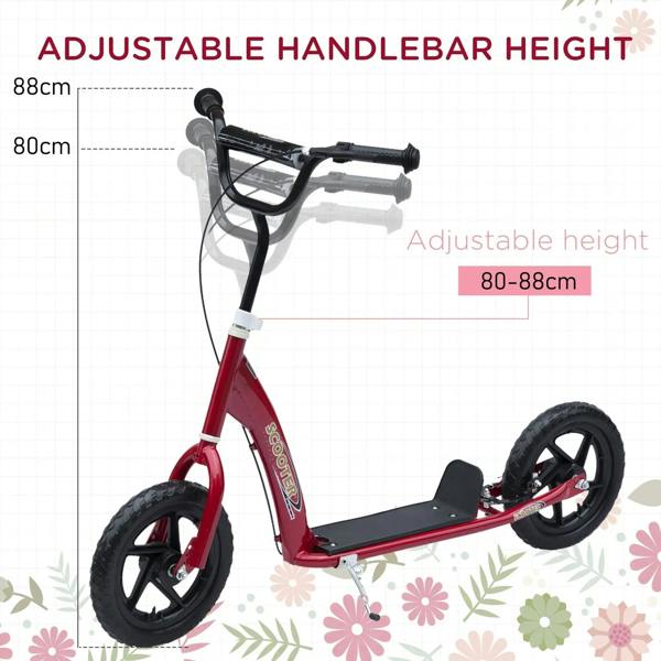 Red kids kick scooter with adjustable black handlebar and large black front and rear wheels