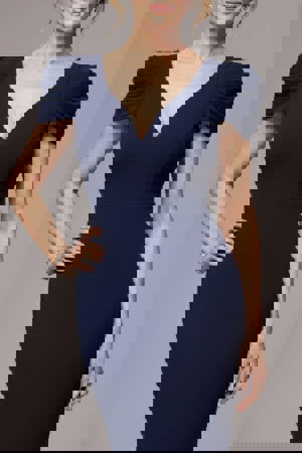 Plunging Neck Pleated Sleeves Scuba Maxi Dress - Navy Blue DR4820M