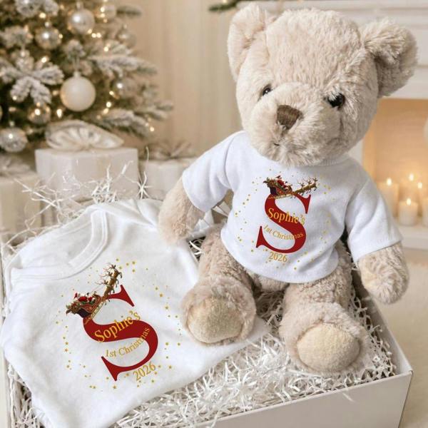 Personalised 1st Christmas Santa Sleigh with Initial Baby Gift Box - Teddy & Vest