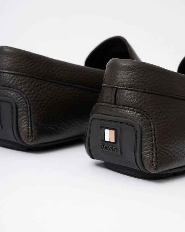 BOSS Orange Noel Mens Tumbled - Leather Loafers with Driver Sole - Dark Brown 201 | CHO | Designer Mens Shoes