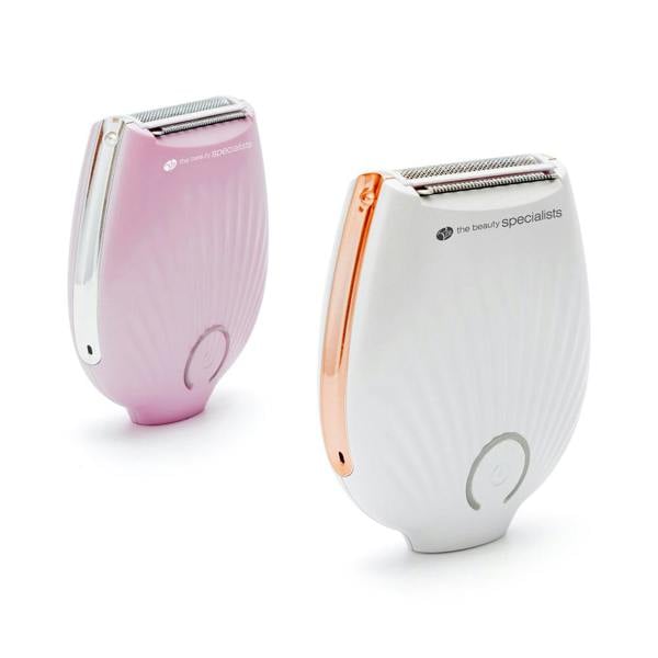 The Rio GO SMOOTH Lady Shaver comes in light pink with silver accents and white with rose gold accents, both featuring a shell-like design and labeled the beauty specialists for effortless shaving.