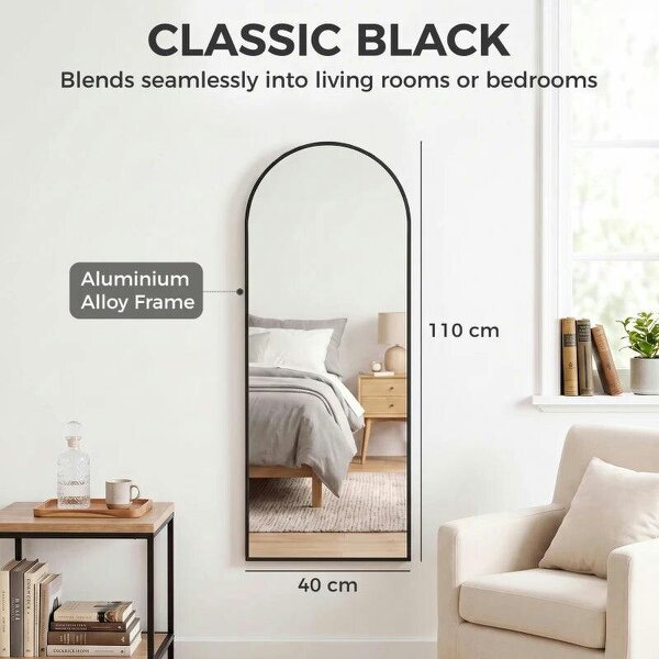 40 x 110 cm Full Length Hanging Mirror, Arched Mirror with Adjustable Hooks, Over-the-Door or Wall-Mounted, Black