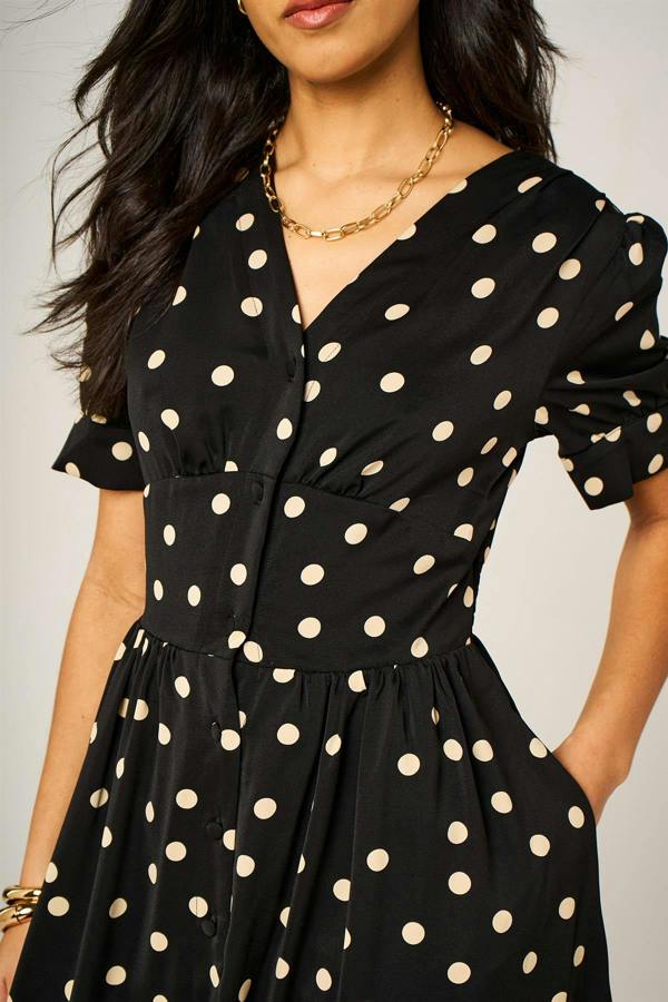 FS Collection Dot Print Button Front Midi Dress In Black With Puff Sleeves