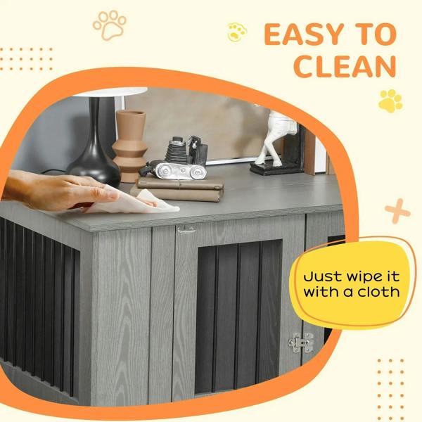 Dog crate table easy-clean graphic showing wipeable top panel and front door area
