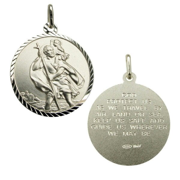 Christopher James of London Sterling Silver Diamond Cut 20mm St Christopher Pendant With Travellers Prayer and Optional Chain