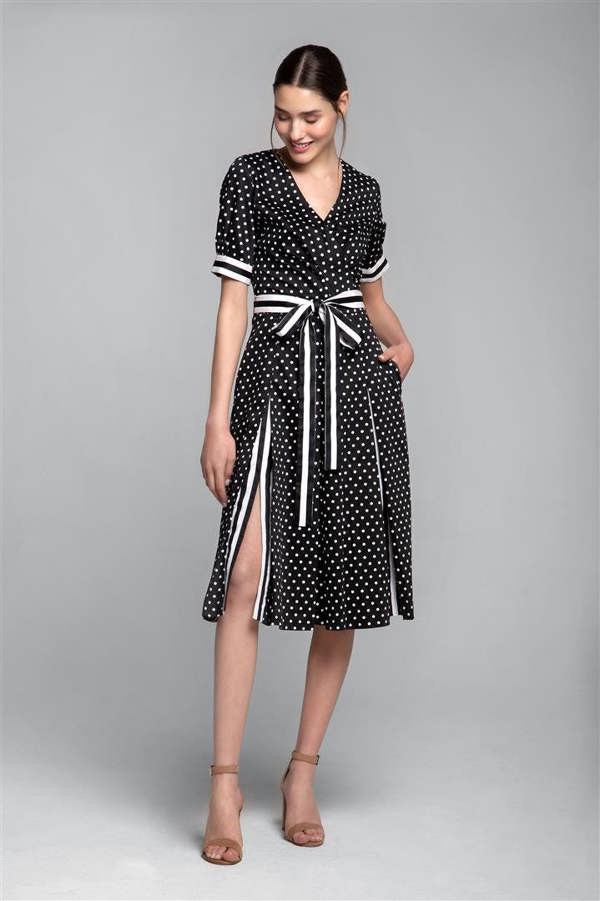 Rumour London Jennifer polka dot fit-and-flare cotton dress with striped details and slits
