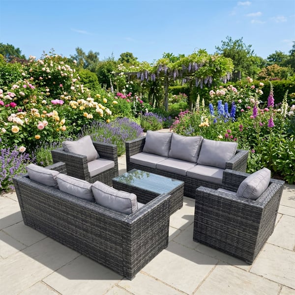 Fimous Wicker PE Rattan Sofa Set Outdoor Patio Garden Furniture with 2 Armchairs Oblong Coffee Table Dark Grey Mixed