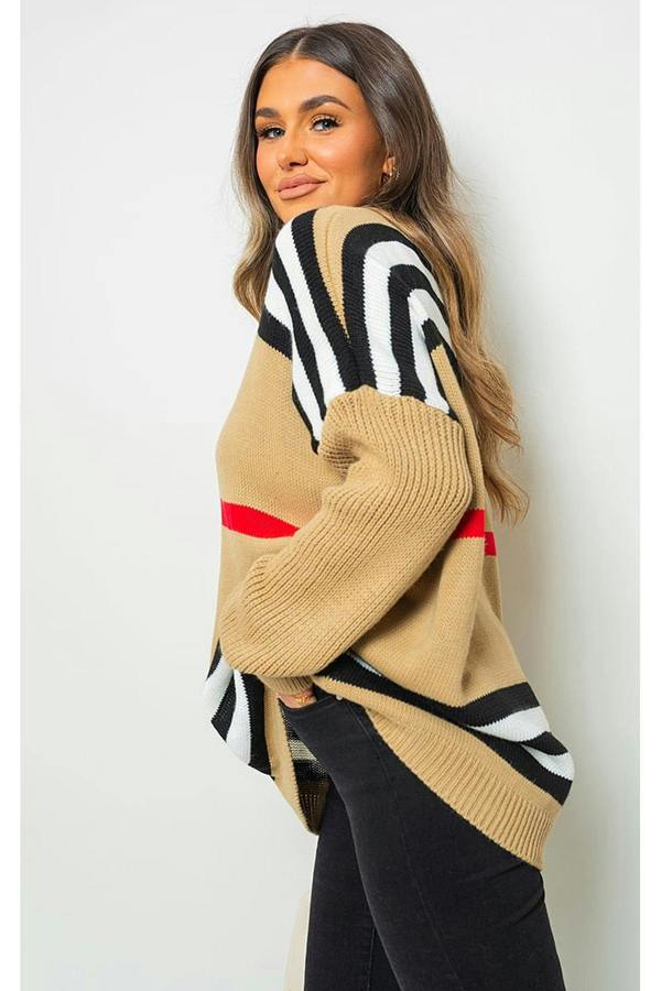 Ava Oversized Striped Long Sleeve Knitted Jumper - Camel