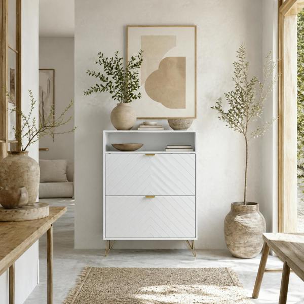 Wyld Haus Notafa Wooden White Chevron Cabinet With Gold Accents For 12 Pairs