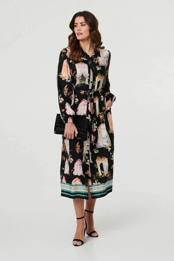Black | Abstract Long Sleeve Shirt Midi Dress