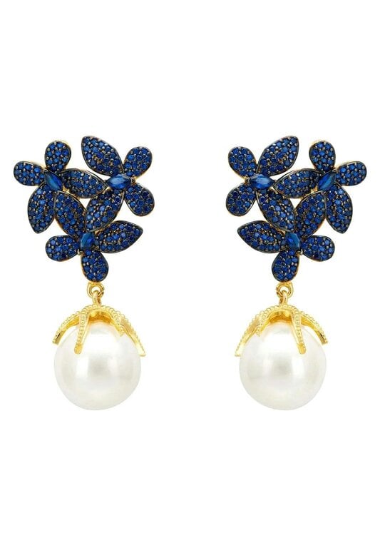 Latelita Flowers Pearl Earrings Sapphire Blue Gold