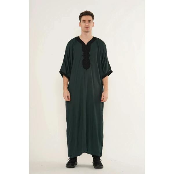 Men's Half Sleeve Embroidery Moroccan Thobe - Green - Thobez - 4