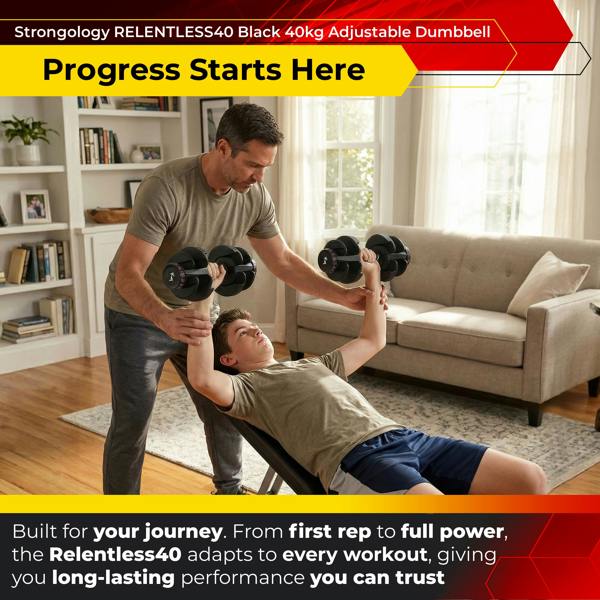 Homeology RELENTLESS40 Adjustable Smart Dumbbell 5kg to 40kg Single Home Fitness Training Weights Black