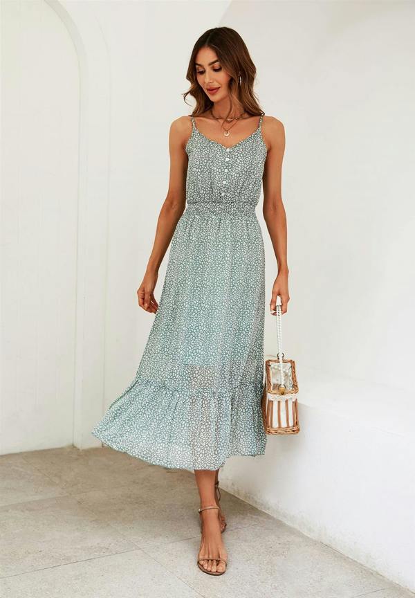 FS Collection Leopard Print Button Detail Strappy Maxi Dress In Green
