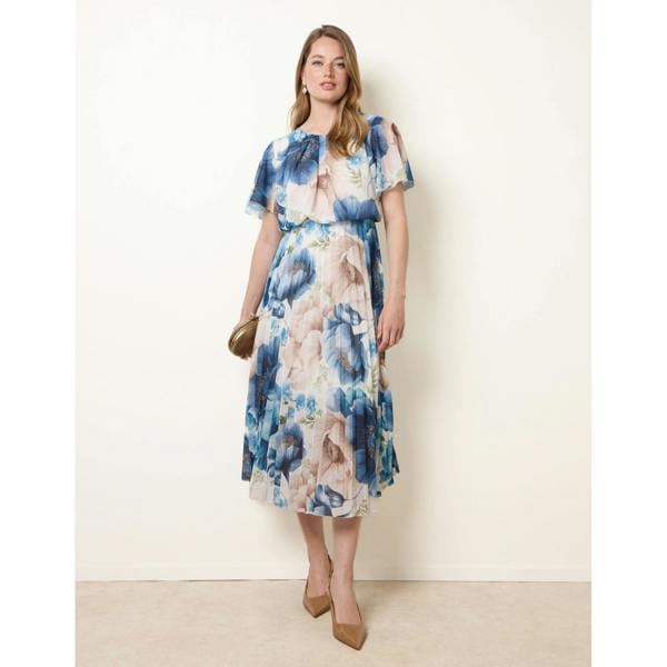 Blue Vanilla Pleated Scoop Neck Short Sleeve Floral Dress