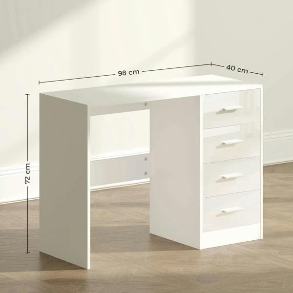 White computer desk with drawer side panel and open center bay, angled view